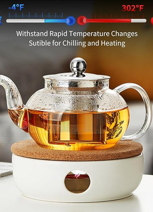 Glass Teapot Stovpetop Safe,20 oz/ 600 ml Stove Top & Microwave Safe Small Borosilicate Glass Kettle with Loose Leaf Tea Strainer For Flower Blooming Tea, Clear