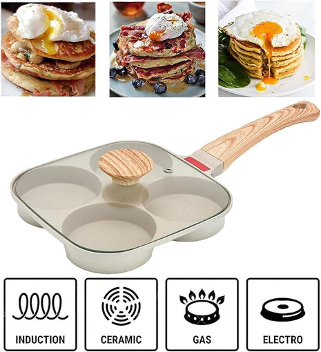 Fried Egg Pan, Egg Frying Pan with Lid Nonstick 4 Cups Pancake Pan Aluminium Alloy Cooker for Breakfast(White)