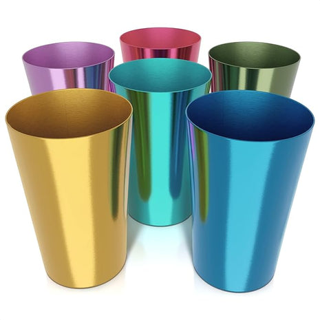 Retro Aluminum Cups 15 oz Set of 6 - Christmas Metal Tumblers for Cold Drinks, Festive Color-Finished Metal Cups for Drinking, Stackable and Dishwasher-Safe, for Home, Camping, Patio & Holiday Parties