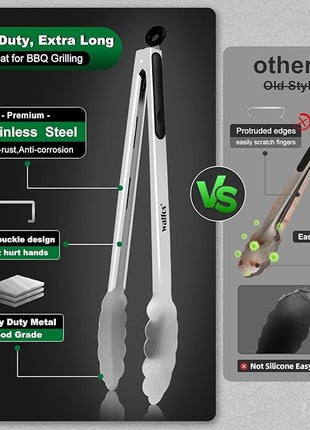 Walfos Extra Long Grill Tongs - Heavy Duty Metal Tongs - 16 & 12 inch Great for Grilling,BBQ/Barbecue,Cooking - Stainless Steel and Non-Slip Heat Resistant Silicone Handle (Set of 2)
