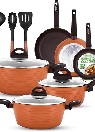 NutriChef Professional 12-Piece Brown Nonstick Cookware - PFOA/PFOS-Free, Heat Resistant Lacquer, Elegant Design, Multi-Sized Pots and Pans