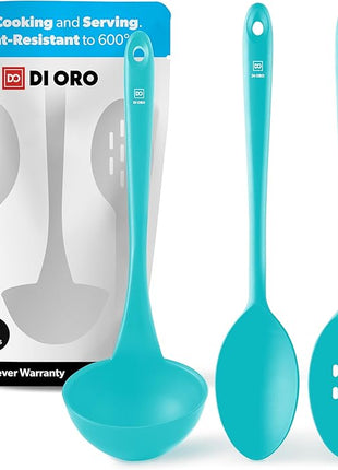 DI ORO Silicone Ladle & Spoons for Cooking – Large Kitchen Spoons for Mixing, Serving, & Stirring - Soup Ladle with Wide Bowl - High Heat Silicone Kitchen Utensils for Nonstick Cookware Safe (Teal)