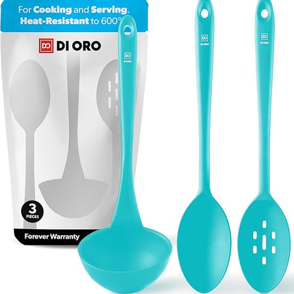 DI ORO Silicone Ladle & Spoons for Cooking – Large Kitchen Spoons for Mixing, Serving, & Stirring - Soup Ladle with Wide Bowl - High Heat Silicone Kitchen Utensils for Nonstick Cookware Safe (Teal)