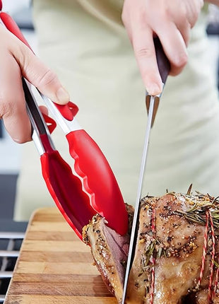 Kitchen Tongs, 9 Inch Tongs for Cooking with Silicone Tips, Food Grade Mini Serving Tong for Nonstick Pans, BBQ, Salad, Set of 3, Red
