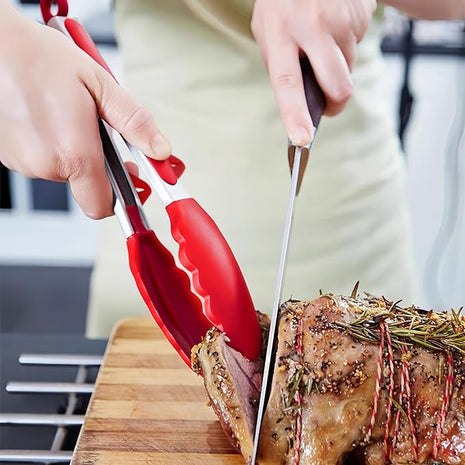 Kitchen Tongs, 9 Inch Tongs for Cooking with Silicone Tips, Food Grade Mini Serving Tong for Nonstick Pans, BBQ, Salad, Set of 3, Red