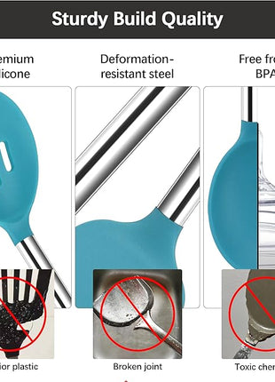 Silicone Spatula Spoon Set, 4 PCS Silicone Cooking Utensils Spatula Spoon Set with Stainless Steel Handle, BPA Free Kitchen Turners for Frying, Mixing, Serving, Draining, Turning, Stirring, Blue