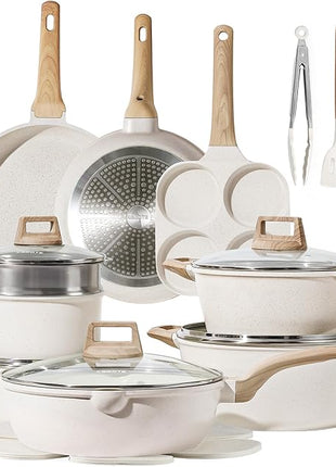 CAROTE 21Pcs Pots and Pans Set, Nonstick Cookware Sets, White Granite Induction Cookware Non Stick Cooking Set w/Frying Pans & Saucepans(PFOS, PFOA Free)