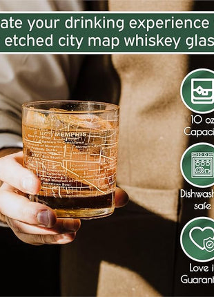 Greenline Goods Whiskey Glasses - 10 Oz Tumbler Set for Memphis lovers, Etched with Memphis City Map Old Fashioned Rocks Glass - Set of 2