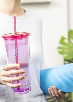 bzyoo SIP 24oz (710ml) Double Wall Plastic Tumbler with Lid and Straw Cold Drink Travel Mug Reusable Party Cup Perfect for Office Ice Coffee or Tea and Gift Color: Pink & Purple