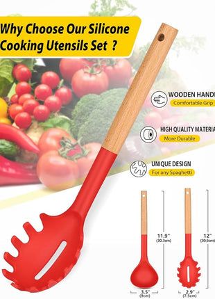 Silicone Pasta Fork and Ladle Spoon Set with Wooden Handle, Heat Resistant Non Stick Kitchen Utensils for Cooking, Stirring, Serving Spaghetti, Soup, Sauce(RED)