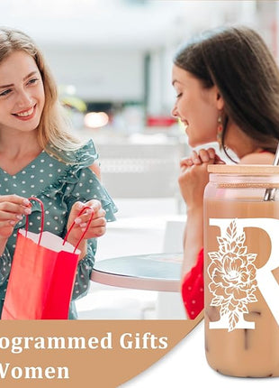 Coolife Initial Glass Cup, Monogrammed Gifts for Women, 16 oz Glass Cups w/Lids Straws, Iced Coffee Smoothie Beer Tumbler w/Straw Lid - Personalized Christmas, Birthday Gifts for Her Mom Friend Woman