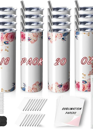 MURRICON 16 Pack Sublimation Tumblers 20 oz Skinny,Stainless Steel Insulated Blanks Tumbler with Lid,Straw,Sublimation Paper,Individually Boxed,Shrink Wrap and Rubber Bottom