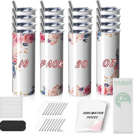 MURRICON 16 Pack Sublimation Tumblers 20 oz Skinny,Stainless Steel Insulated Blanks Tumbler with Lid,Straw,Sublimation Paper,Individually Boxed,Shrink Wrap and Rubber Bottom