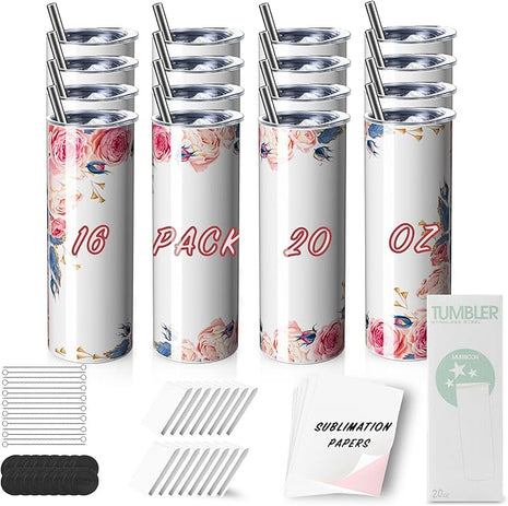 MURRICON 16 Pack Sublimation Tumblers 20 oz Skinny,Stainless Steel Insulated Blanks Tumbler with Lid,Straw,Sublimation Paper,Individually Boxed,Shrink Wrap and Rubber Bottom