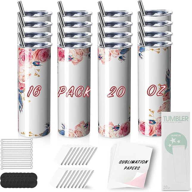 MURRICON 16 Pack Sublimation Tumblers 20 oz Skinny,Stainless Steel Insulated Blanks Tumbler with Lid,Straw,Sublimation Paper,Individually Boxed,Shrink Wrap and Rubber Bottom