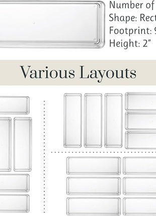 STORi SimpleSort 6-Piece Stackable Clear Drawer Organizer Set | 9" x 3" x 2" Rectangle Trays | Narrow Makeup Vanity Storage Bins and Office Desk Drawer Dividers | Made in USA