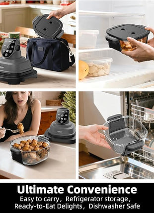 5-in-1 Portable Glass Air Fryer - 4QT & 6-Cup Non-Toxic Glass Containers with Lids, Silicone Mat, 1500W Small Air Fryer, 90% Less Oil, Dishwasher/Freezer Safe for Single Servings, Family Meals