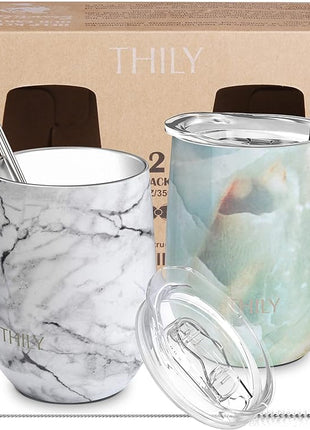 THILY Vacuum Insulated Stemless Wine Tumbler 12 oz Stainless Steel Wine Glass with Lid and Straw, Keep Cold or Hot for Coffee, Cocktails, Christmas Birthday Gift, 2 Pack(White Marble + Opal Marble)