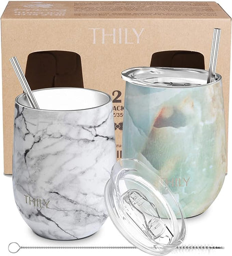 THILY Vacuum Insulated Stemless Wine Tumbler 12 oz Stainless Steel Wine Glass with Lid and Straw, Keep Cold or Hot for Coffee, Cocktails, Christmas Birthday Gift, 2 Pack(White Marble + Opal Marble)