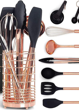 Black and Copper Kitchen Utensils with Holder - 17 Piece Set with Measuring Cups and Spoons, Rose Gold Cooking Tools - Stylish Black and Copper Kitchen Accessories for Modern Cooking and Baking