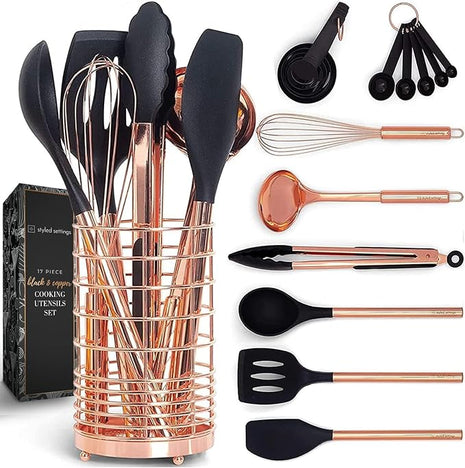 Black and Copper Kitchen Utensils with Holder - 17 Piece Set with Measuring Cups and Spoons, Rose Gold Cooking Tools - Stylish Black and Copper Kitchen Accessories for Modern Cooking and Baking