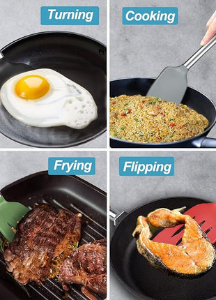 2 Pack Spatulas, Solid & Slotted Silicone Spatula Set, Stainless Steel Handle Coated with Silicone, Non Stick Turners, Heat Resistant Rubber Spatulas for Fish, Eggs, Pancakes, WOK, Teal