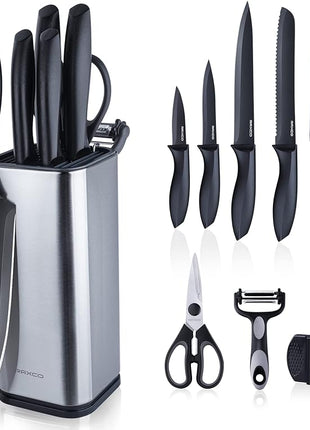 RAXCO Knife Set with Block,10-Piece Kitchen Knives Stainless Steel,Pro-sharpened for Cooking,Slicing,Mincing,Dicing,Black