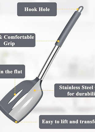 Silicone Spatula Spoon Set, 4 PCS Silicone Cooking Utensils Spatula Spoon Set with Stainless Steel Handle, BPA Free Kitchen Turners for Frying, Mixing, Serving, Draining, Turning, Stirring, Grey