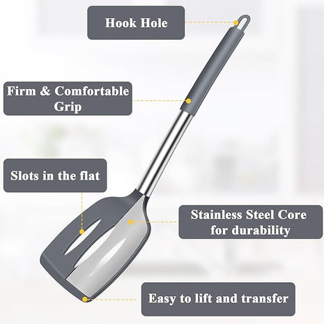 Silicone Spatula Spoon Set, 4 PCS Silicone Cooking Utensils Spatula Spoon Set with Stainless Steel Handle, BPA Free Kitchen Turners for Frying, Mixing, Serving, Draining, Turning, Stirring, Grey