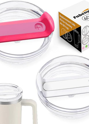 40 OZ Tumbler Lid Replacement Fit for Stanley Cup, 2 Pack Clear Replacement Lids Fit for Stanley Travel Tumbler, Spill Proof Tumbler Covers for Stanley Cup Accessories (White+Hot Pink)