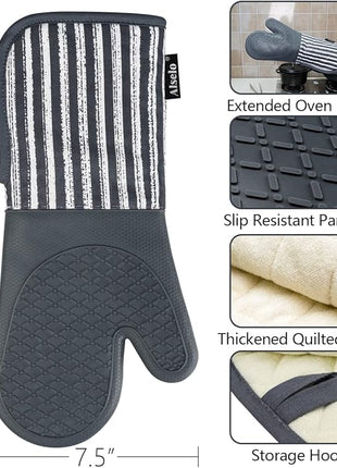 Silicone Oven Mitts Heat Resistant 932℉ with Waterproof & Non-Slip Kitchen Mittens, Set of 2 Extra Long Oven Gloves with Soft Cotton Terry Lining for Baking Cooking Barbecue