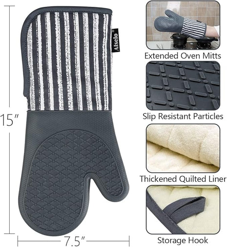 Silicone Oven Mitts Heat Resistant 932℉ with Waterproof & Non-Slip Kitchen Mittens, Set of 2 Extra Long Oven Gloves with Soft Cotton Terry Lining for Baking Cooking Barbecue