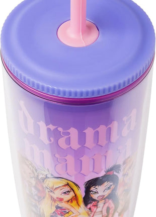 Silver Buffalo Bratz Drama Mama Featuring Cloe, Yasmin, Jade, and Sasha Plastic Tumbler Cold Cup with Lid and Straw, 20 Ounces