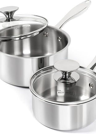 MICHELANGELO 1Qt & 2Qt Tri-ply Stainless Steel Saucepan Set, Small Cooking Pots with Tempered Glass Lids, Induction Ready, Oven & Dishwasher Safe, Multipurpose Sauce Pans for Home Kitchen & Restaurant