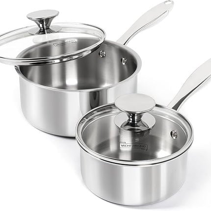 MICHELANGELO 1Qt & 2Qt Tri-ply Stainless Steel Saucepan Set, Small Cooking Pots with Tempered Glass Lids, Induction Ready, Oven & Dishwasher Safe, Multipurpose Sauce Pans for Home Kitchen & Restaurant