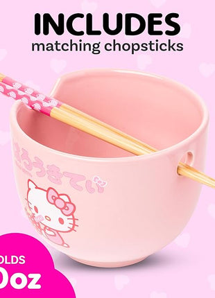 Silver Buffalo Sanrio Hello Kitty Strawberry Milk Japanese Character Ceramic Ramen Noodle Rice Bowl with Chopsticks, Microwave Safe, Pink, 20 Ounces
