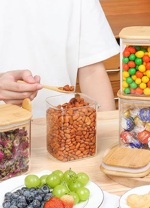 ComSaf 0.8 Qt Glass Jars with Bamboo Lids & Spoons Set of 4, Square Glass Containers with Lids, Sugar Coffee Containers Salt Spice Jars, Pantry Storage Container for Loose Tea, Candy, Brown Sugar, Nut