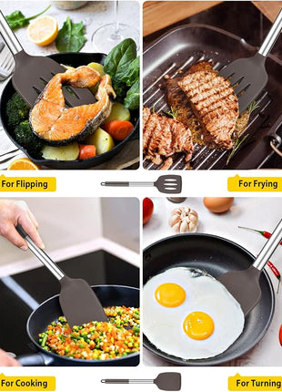 Pack of 2 Silicone Solid Turner, Non Stick Slotted Kitchen Spatulas, High Heat Resistant BPA Free Cooking Utensils, Ideal Cookware for Fish, Eggs, Pancakes(Chocolate)