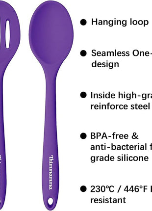 Silicone Spoon for Cooking, BPA Free Silicone Slotted Solid Spoons Set Heat Resistant, Dishwasher Safe Nonstick Silicone Kitchen Serving Spoon Set for Mixing Basting Stirring, Purple