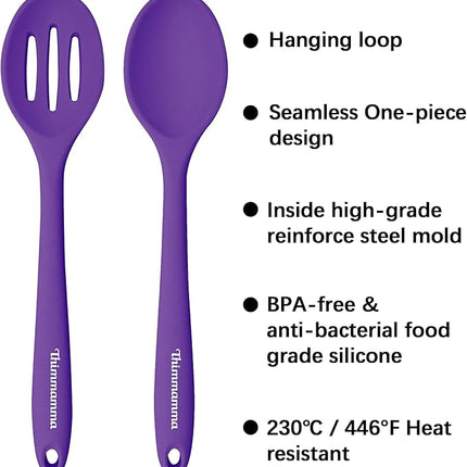 Silicone Spoon for Cooking, BPA Free Silicone Slotted Solid Spoons Set Heat Resistant, Dishwasher Safe Nonstick Silicone Kitchen Serving Spoon Set for Mixing Basting Stirring, Purple