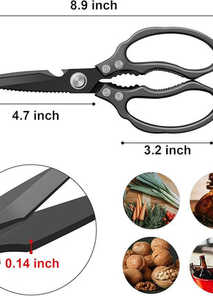 CGBE Kitchen Scissors, Multi-Purpose Kitchen Shears, Heavy Duty Dishwasher Safe Food Scissors for Chicken, Poultry, Fish, Meat & Herbs with Non-Slip Grips - ALL Black