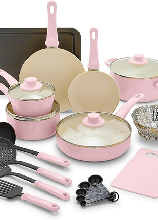 GreenLife Soft Grip Healthy Ceramic Nonstick 18 Piece Kitchen Cookware Pots and Frying Sauce Saute Pans Set, PFAS-Free with Kitchen Utensils and Lid, Dishwasher Safe, Soft Pink