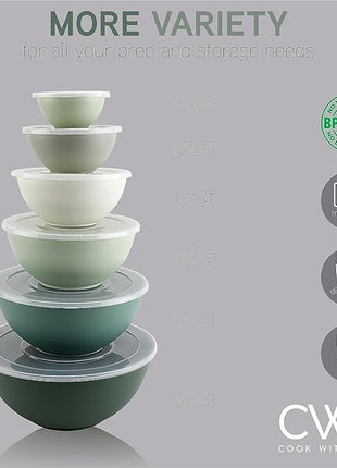 COOK WITH COLOR Mixing Bowls with Lids - 12 Piece Plastic Nesting Bowls Set includes 6 Prep Bowls and 6 Lids, Microwave Safe Mixing Bowl Set (Sage)
