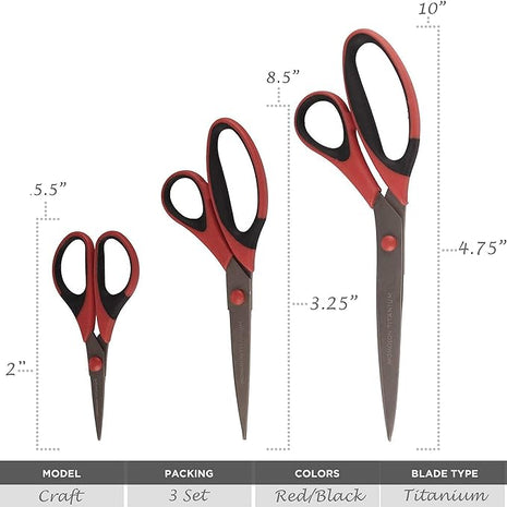 BambooMN Titanium Softgrip Scissors Set for Sewing, Arts, Crafts, Office - 10 Sets of 3 - Red w/Black Inlays
