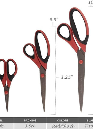BambooMN Titanium Softgrip Scissors Set for Sewing, Arts, Crafts, Office - 1 set of 3 - Red w/Black Inlays