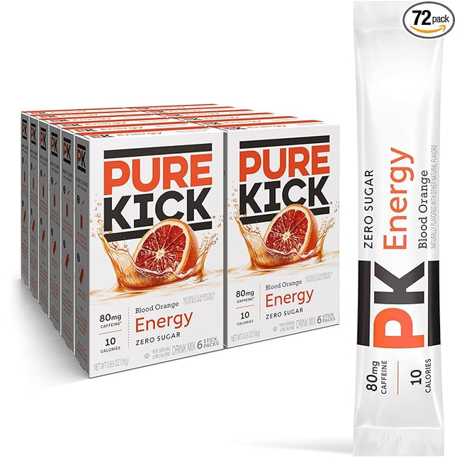 Pure Kick Energy Singles To Go Drink Mix, Blood Orange, Includes 12 Boxes with 6 Packets in each Box, 72 Total Packets