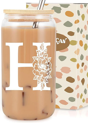 Coolife Initial Glass Cup, Monogrammed Gifts for Women, 16 oz Glass Cups w/Lids Straws, Iced Coffee Smoothie Beer Tumbler w/Straw Lid - Personalized Christmas, Birthday Gifts for Her Mom Friend Woman