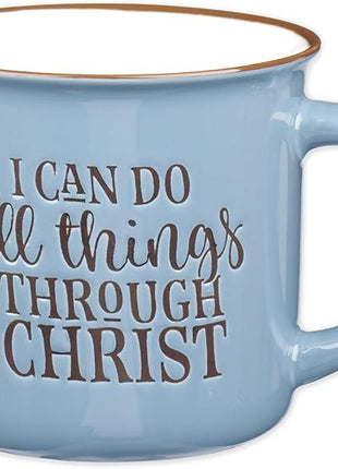 Christian Art Gifts Blue Camp Style Ceramic Coffee Mug – 13 oz. Microwave and Dishwasher Safe Inspirational Scripture Coffee & Tea Mug with Bible Verse: I Can Do All Things Through Christ – Phil. 4:13