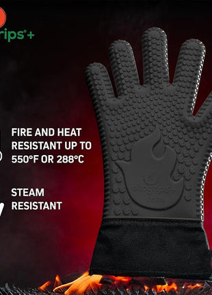 Ekogrips+ Premium Silicone Oven Mitts - Comfy, Waterproof, Heat Resistant BBQ Gloves for Grilling, Long Cuff for Added Protection, 5 Finger Dexterity, 3 Sizes, 4 Colors, S/M, Black