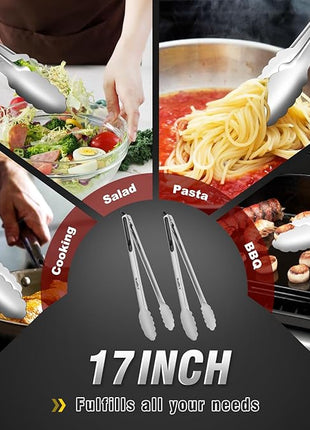 Walfos 17 Inch Extra Long Grill Tongs Set of 2, Ultimate Stainless Steel Tongs for Grilling, Cooking, BBQ/Barbecue, Buffet and Turning Food